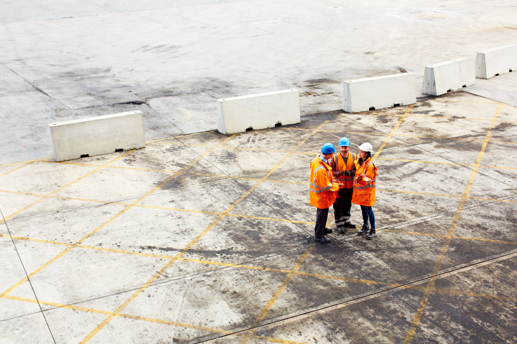 Buy stock photo Top view, team and freight with tablet at shipping port, schedule and conveyance with dock management. People, discussion and digital logistics agenda for global supply chain and efficient transit