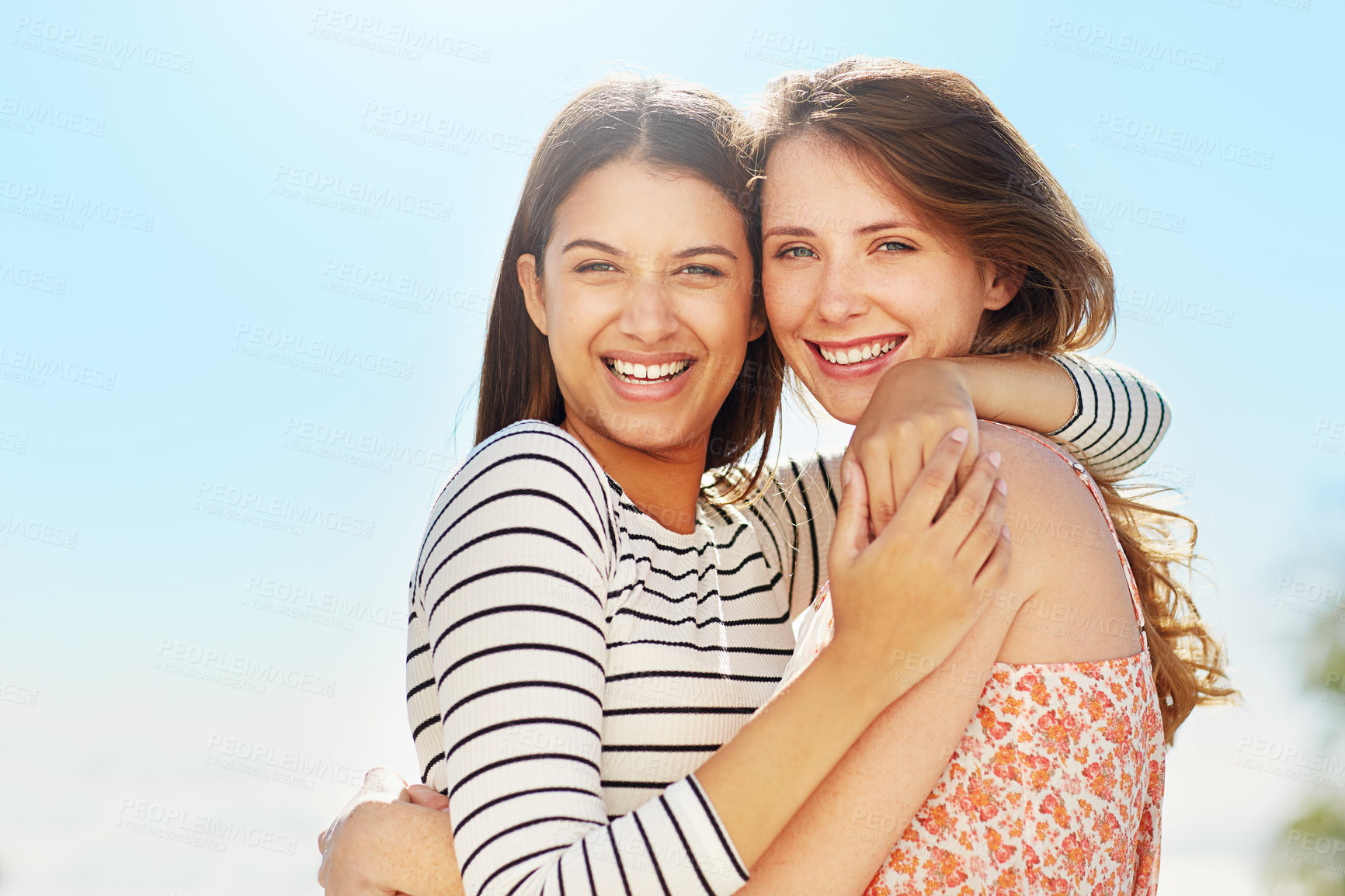 Buy stock photo Happy, hug and portrait of women outdoor with bonding, love and connection together on holiday. Smile, care and friends in nature with embrace for travel, vacation or weekend trip for reunion