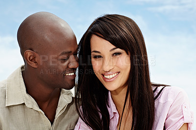 Buy stock photo Portrait of an affectionate couple enjoying a day outside together