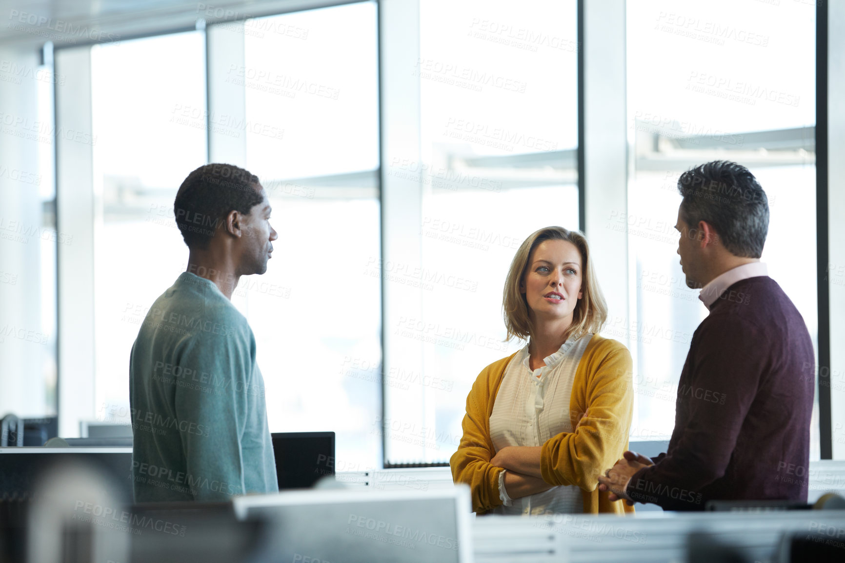 Buy stock photo Meeting, planning and business people with proposal in office for report, investment and conversation. Chat, teamwork and employees in agency for financial review, budget feedback and finance project