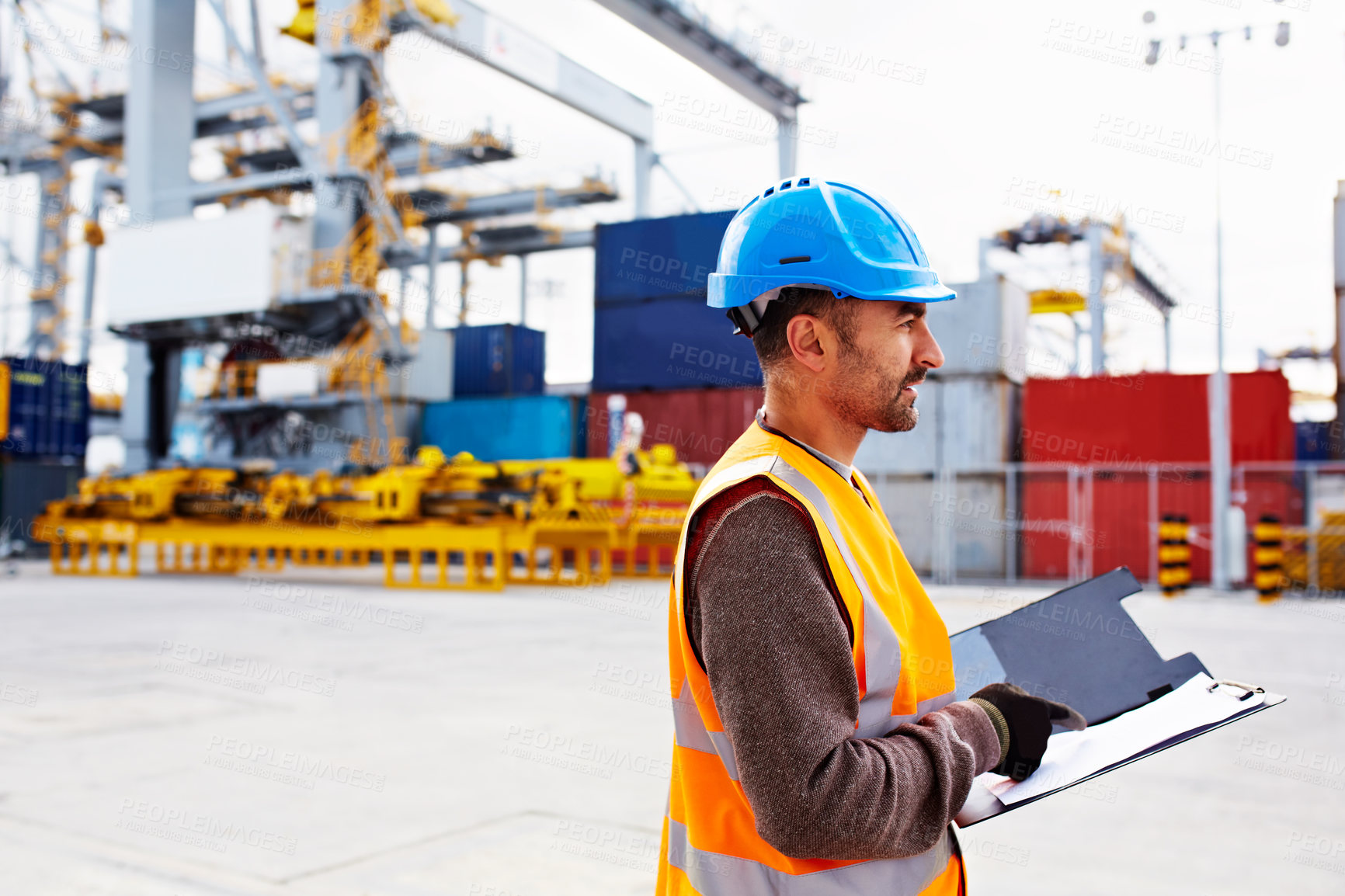Buy stock photo Clipboard, thinking and supply chain worker on dock with documents for information on distribution. Checklist, man and logistics manager with paperwork for delivery, freight cargo or export details.