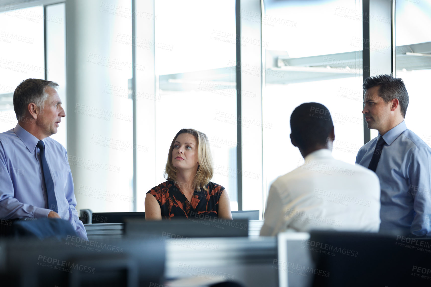 Buy stock photo Business people, teamwork and listening to ideas in meeting, financial evaluation and brainstorming. Coworking, collaboration and mature colleagues with project, talk and wealth management in office