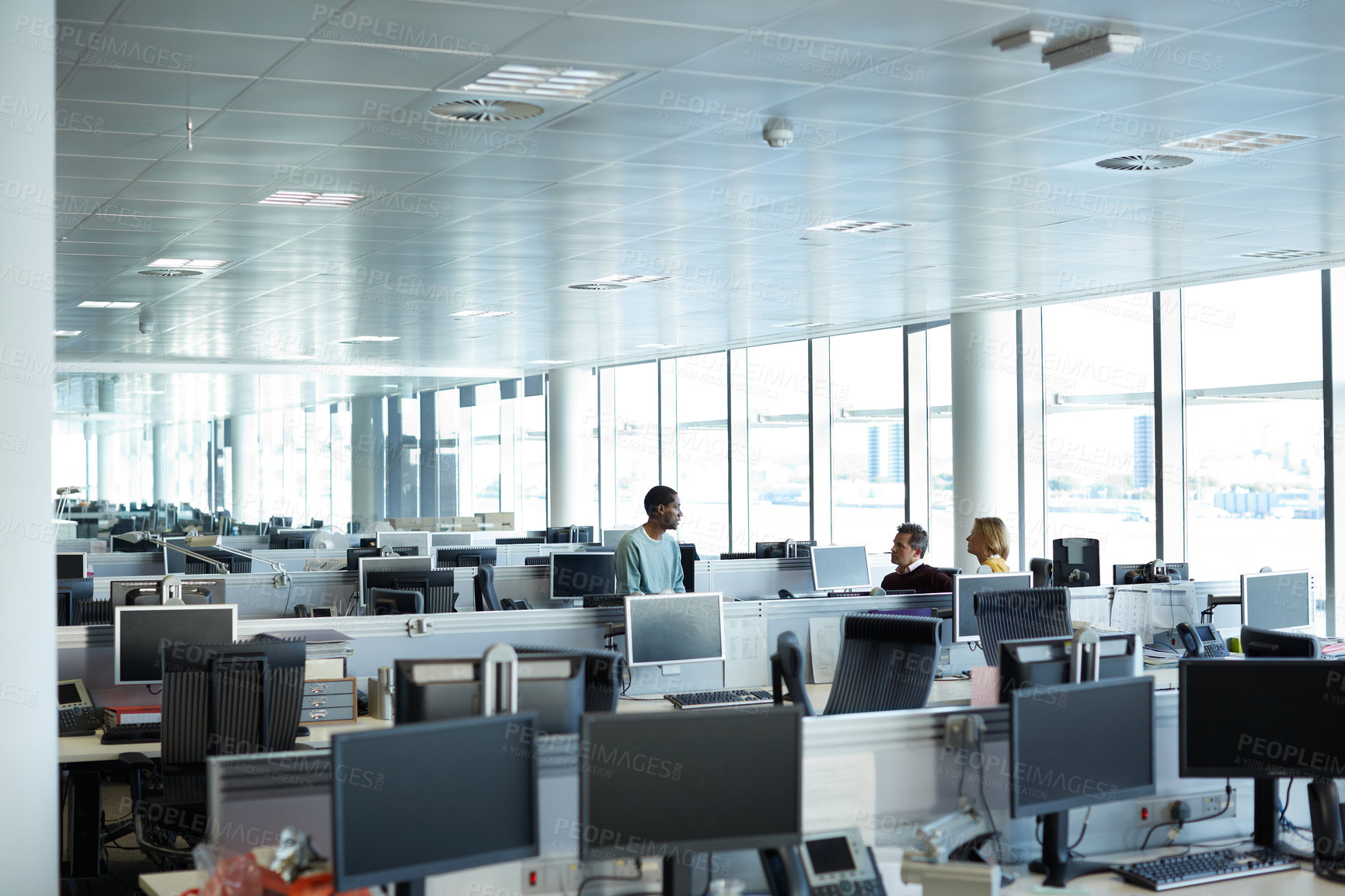 Buy stock photo Meeting, conversation and business people with project in office for finance report, investment and feedback. Chat, teamwork and coworking in agency for financial review, budget planning and proposal