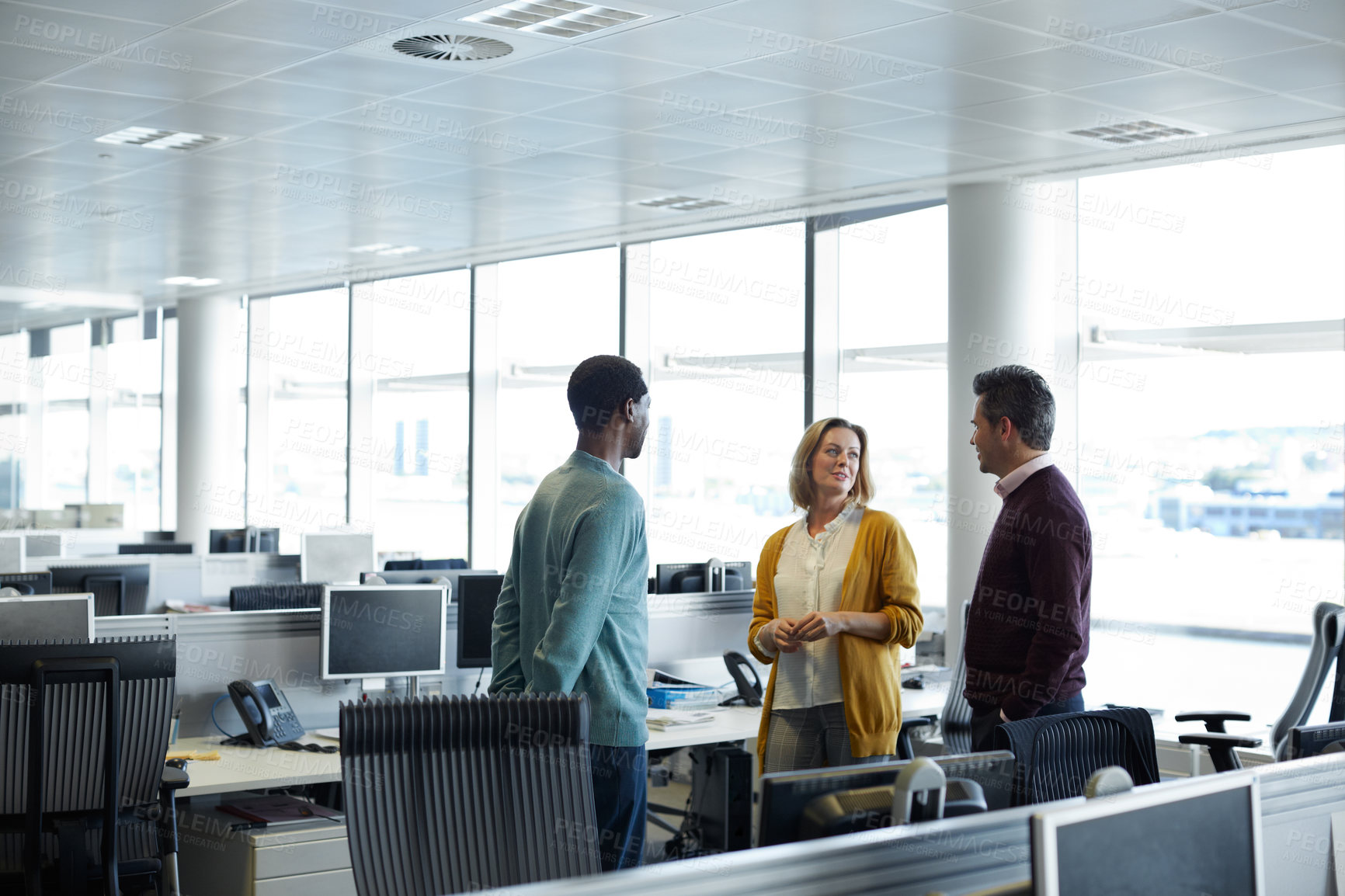 Buy stock photo Meeting, feedback and business people with proposal in office for report, investment and conversation. Chat, teamwork and employees in agency for financial review, budget planning and finance project