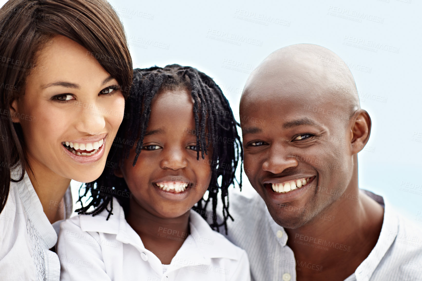Buy stock photo Happy, blue sky and portrait of parents with boy for holiday, vacation and bonding on weekend. Summer, outdoor and child with mom, dad and smile for connection, love and relax for interracial family