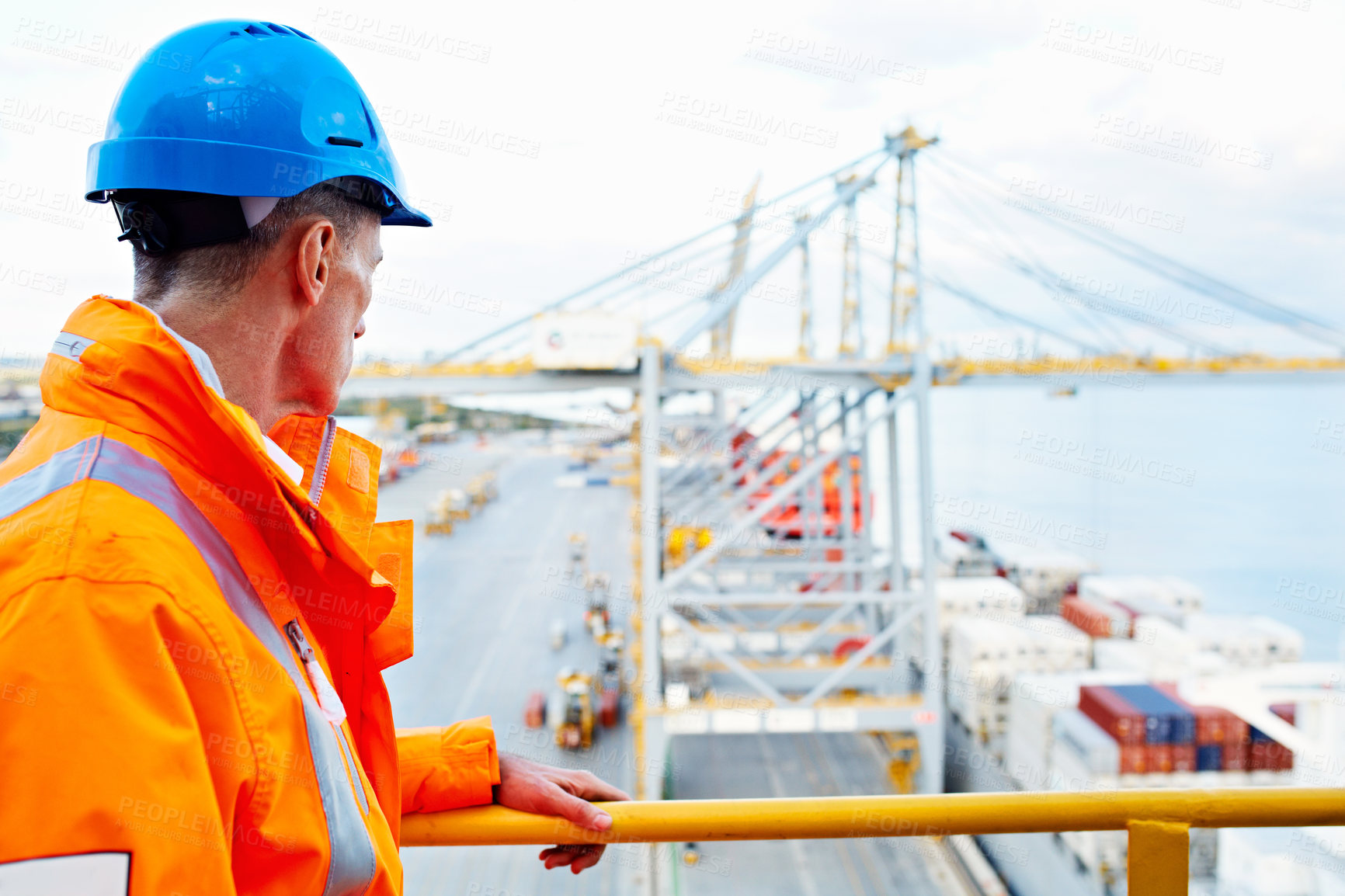 Buy stock photo Shipping, man or monitor on dock for cargo operations, container handling oversight or port activity. Supply chain, back and mature supervisor with import supervision, track freight and global trade