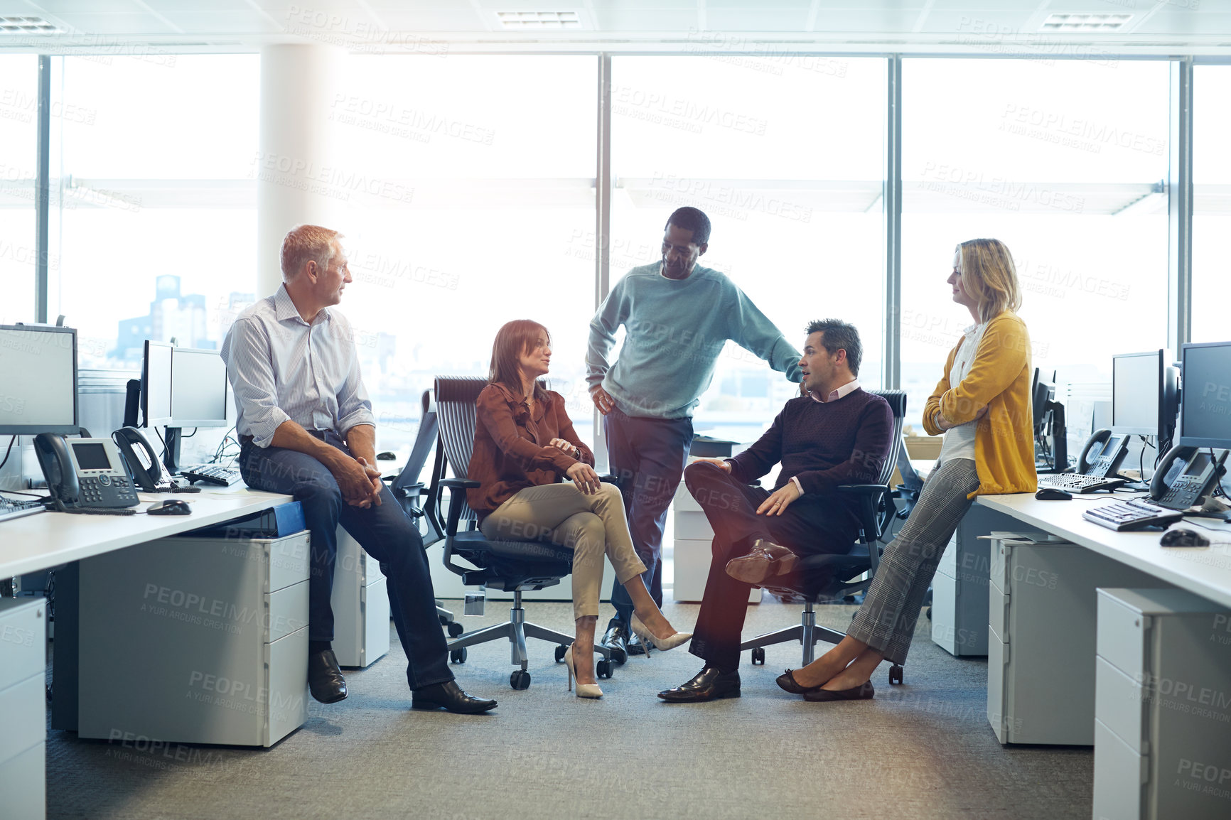 Buy stock photo Business, team and meeting at agency with feedback, renewal strategy and claims discussion. Insurance broker, people and talking in coworking office for underwriter relations, risk assessment or chat