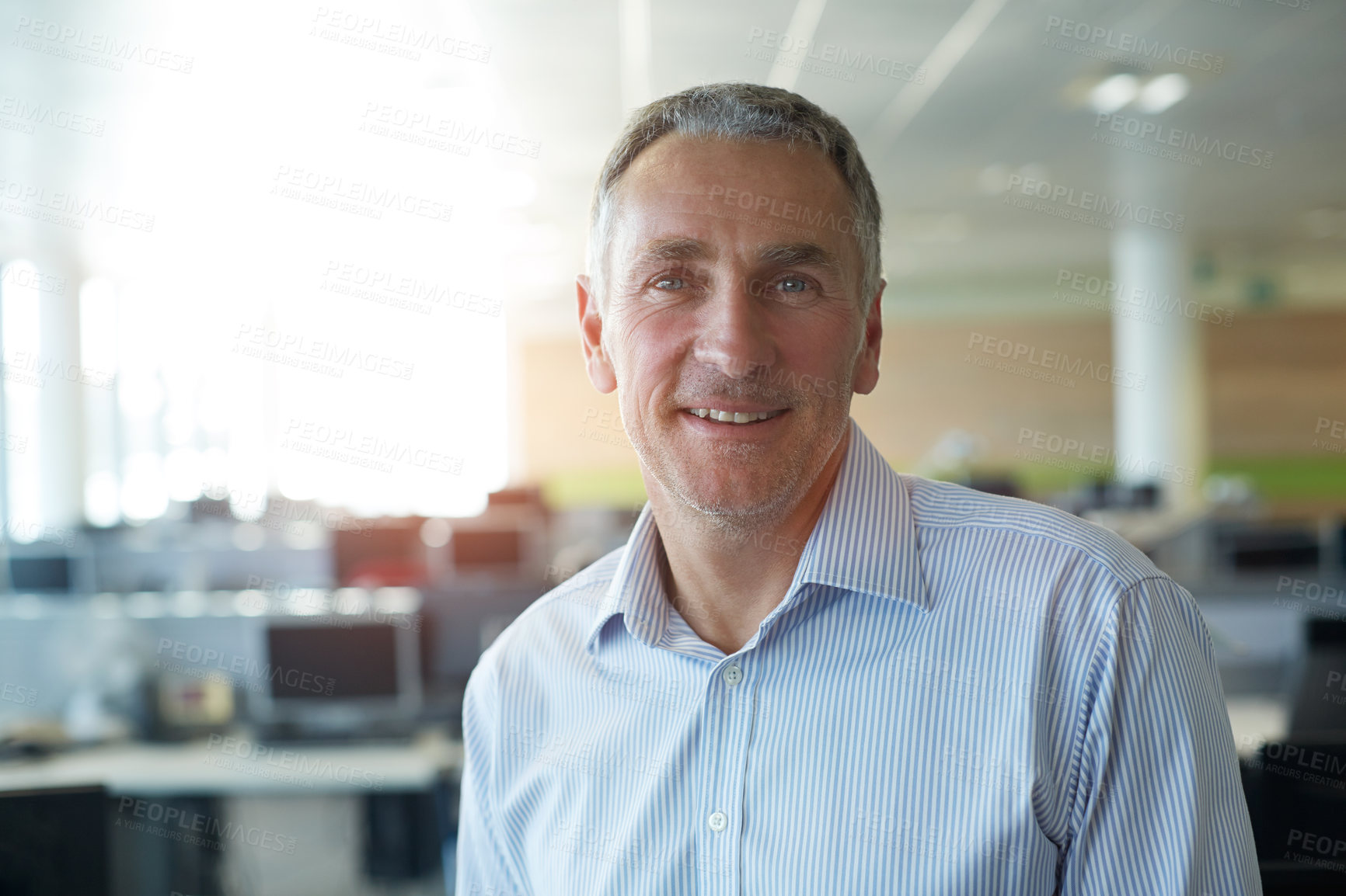 Buy stock photo Happy, portrait and business man in call center for contact us, finance advice and help in office. Mature, manager and person with smile for customer support, crm service and financial consulting