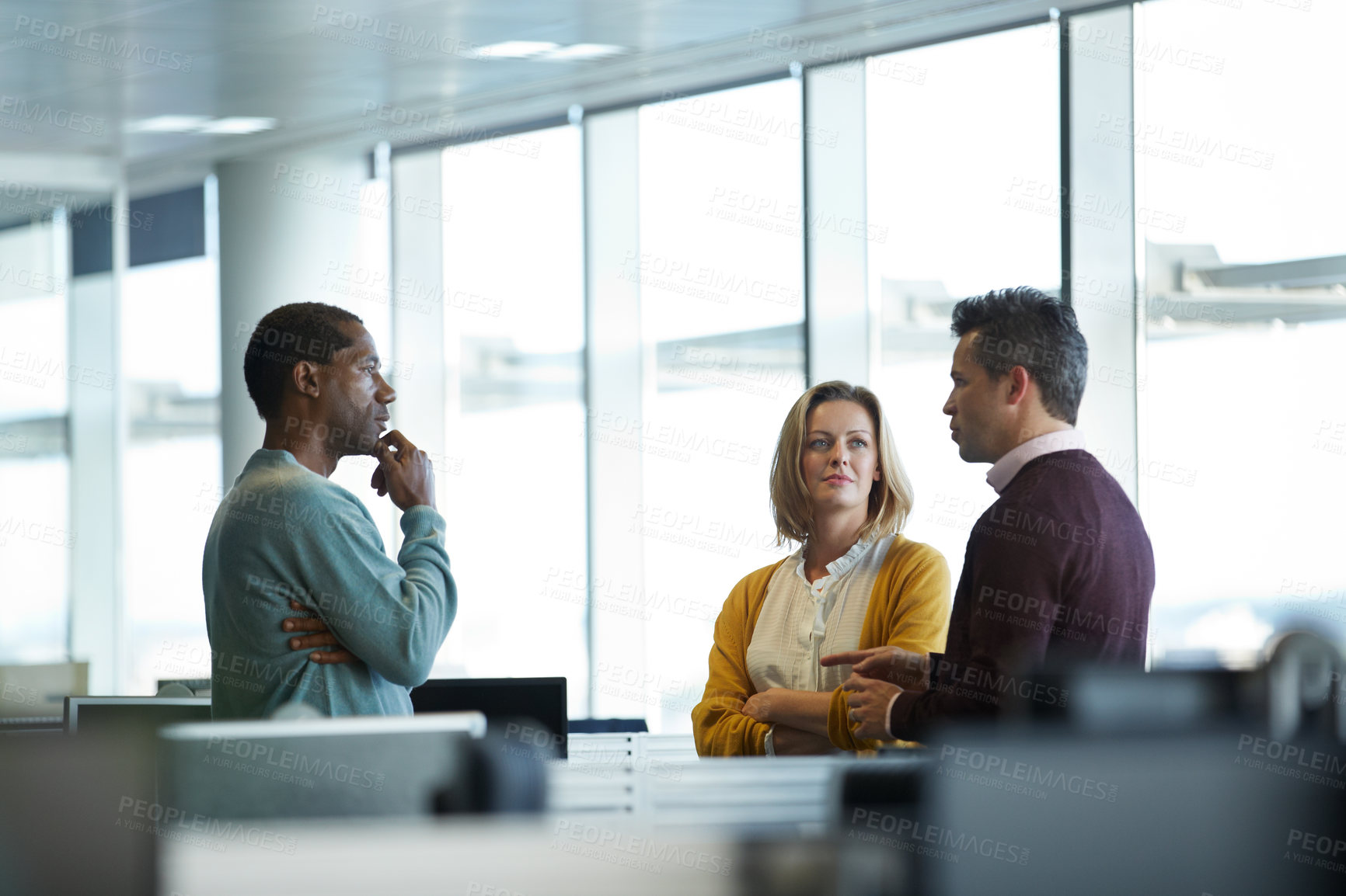 Buy stock photo Meeting, planning and business people with feedback in office for report, investment and proposal. Conversation, teamwork and employees in agency together, budget discussion and finance project