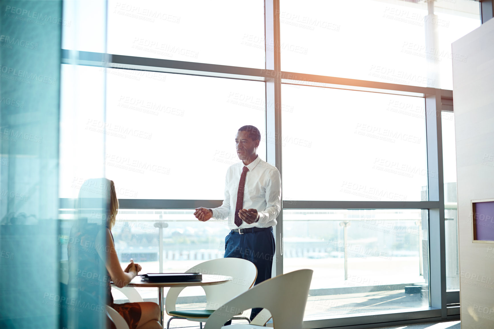 Buy stock photo Man, team and pitch in meeting with planning, review and discussion at financial office. People, presentation and conversation with paperwork, collaboration and insight report at investment agency