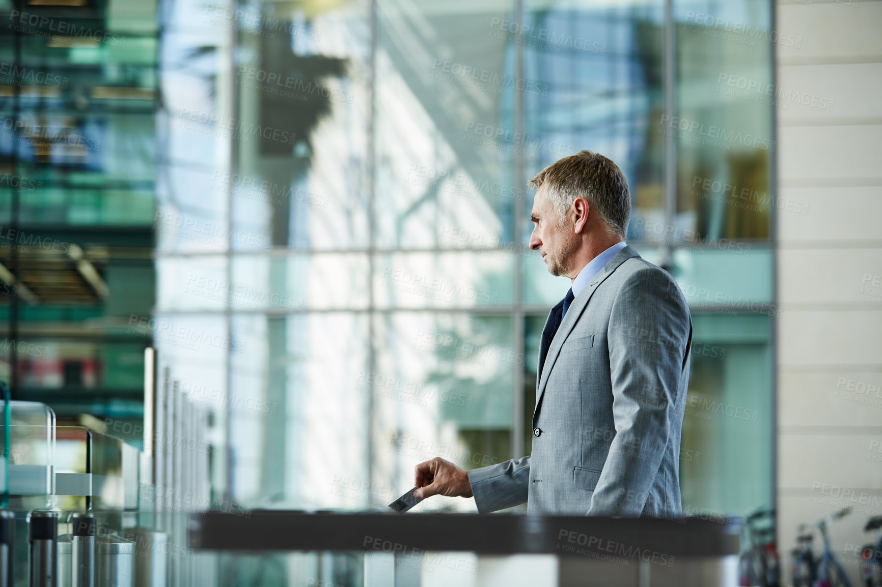 Buy stock photo Enter, card and business man with access to office, workplace and arrive for work or career. Corporate, safety and person open with scan, id and arrival for building security, entrance and lobby