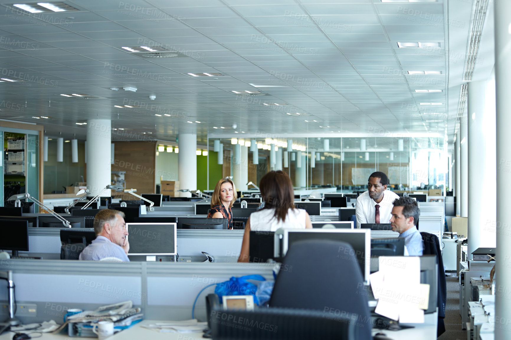 Buy stock photo Meeting, discussion and business people with chat in office for finance report, investment and feedback. Project, teamwork and employees in agency for financial review, budget planning and proposal