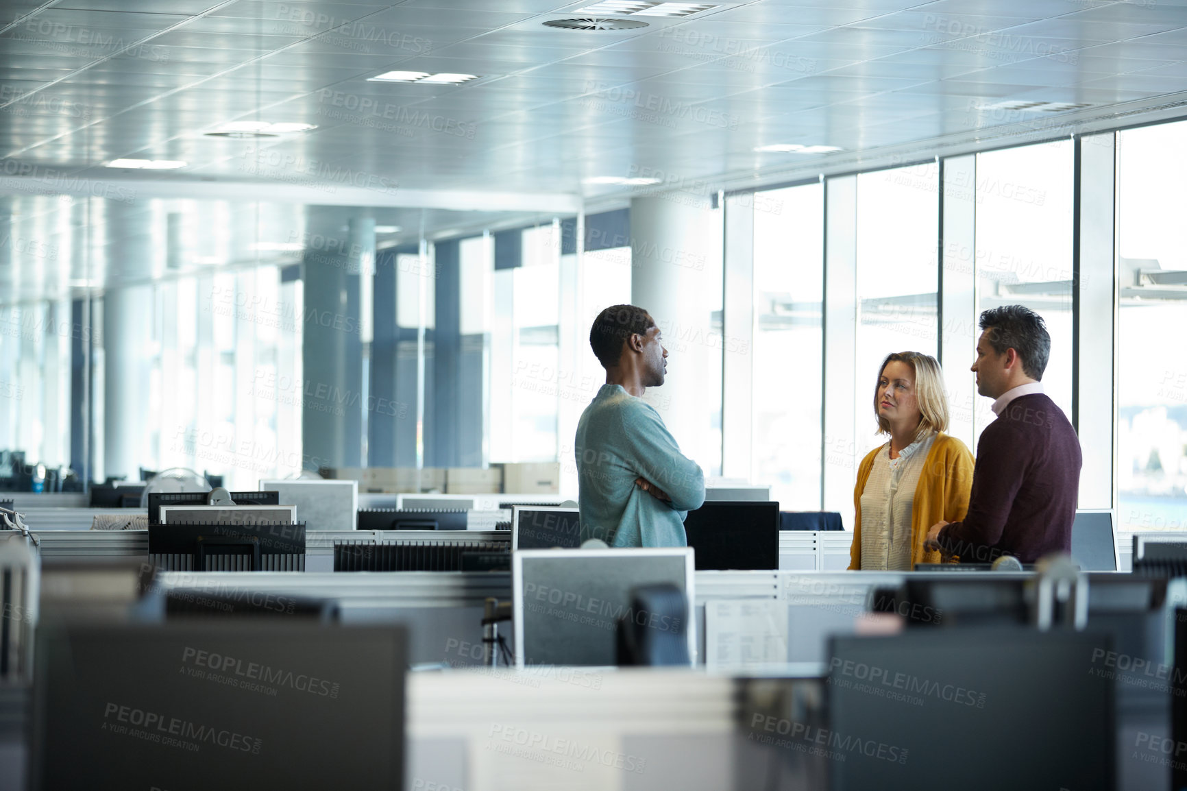 Buy stock photo Call center, talking and business people in office for conversation, planning and contact us. Corporate, team and men with woman chat for customer support, online consulting and crm service together