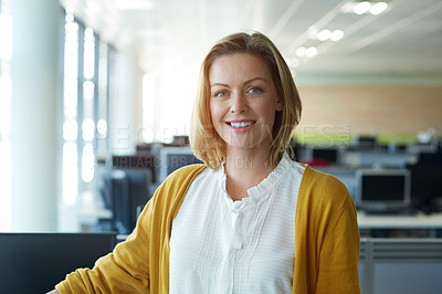 Buy stock photo Portrait of a smiling woman standing in an office