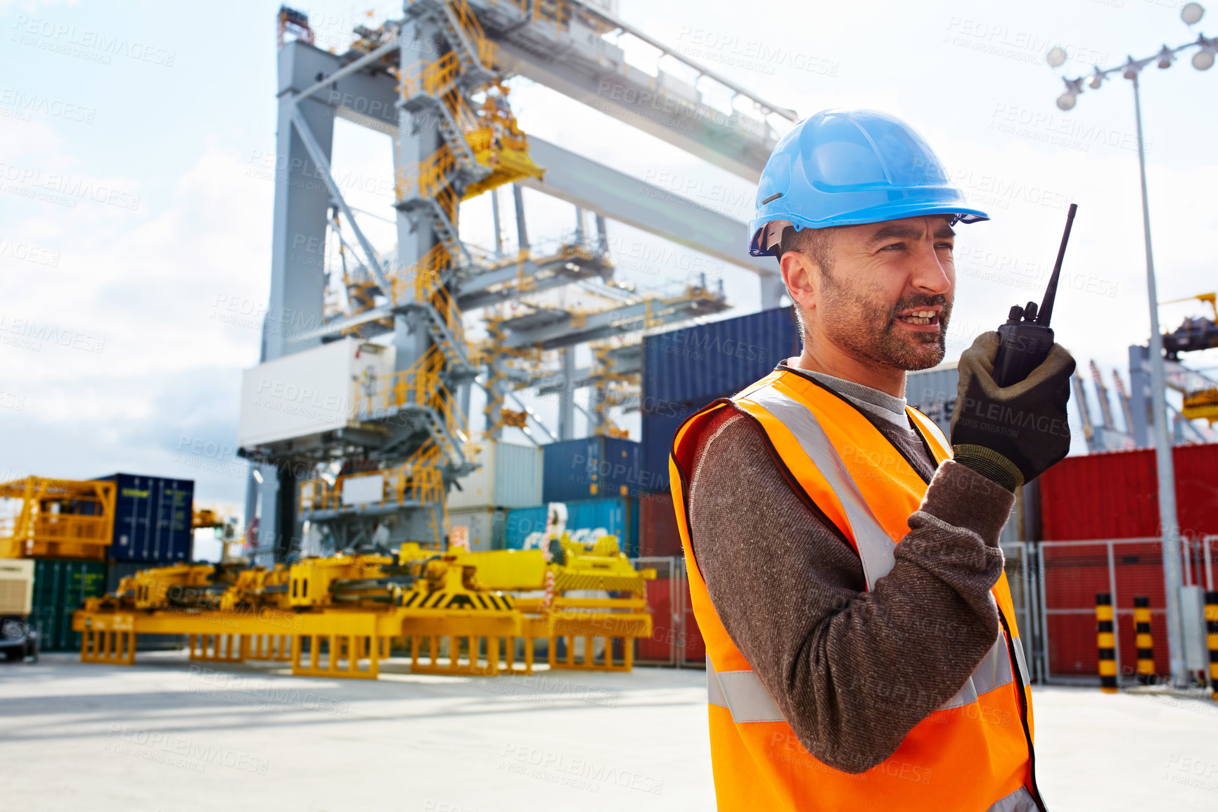 Buy stock photo Man, talk and radio in shipping yard with instructions, distribution logistics or operations manager. Person, communication and tech outdoor by container for advice, export or supply chain management