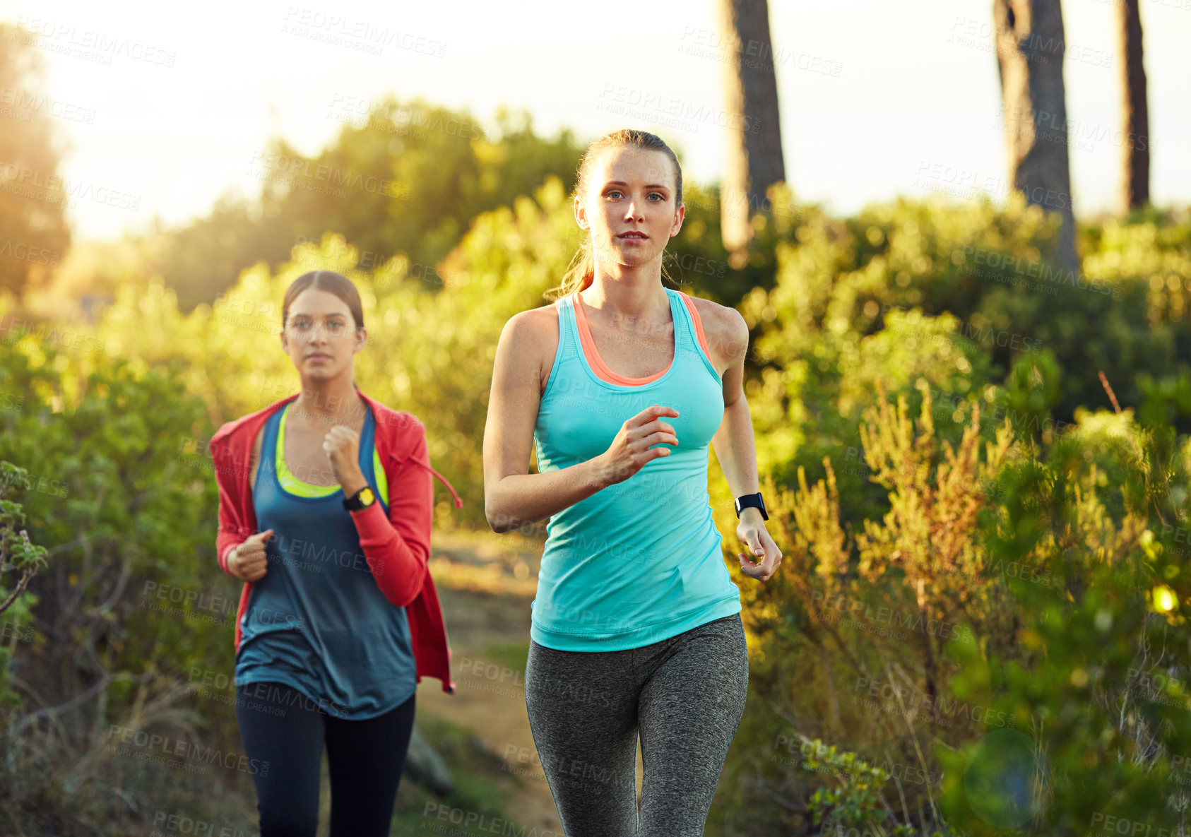 Buy stock photo Fitness, women or trail running workout in nature for cardio exercise, marathon practice or health. Athlete portrait, people or jog outdoor for endurance challenge, pace training or sport performance