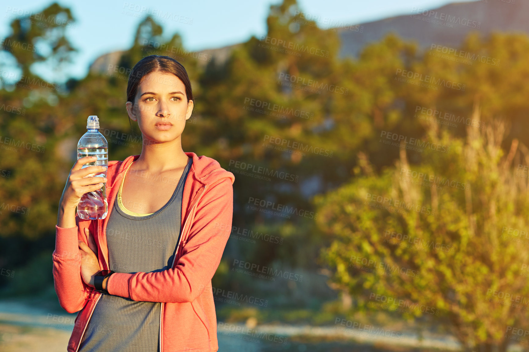 Buy stock photo Fitness, thinking and woman in nature with water bottle for hydration, wellness and rest for exercise. Space, morning and person with reflection, fresh air and drink for health, training and active