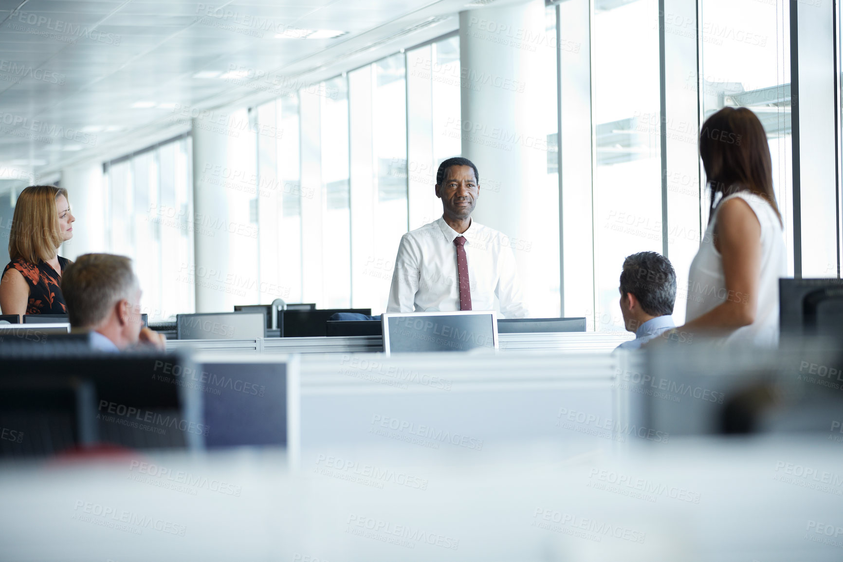Buy stock photo Discussion, group and business people in office with planning revenue growth in collaboration. Conversation, professional and financial team with briefing for investment proposal in workplace.