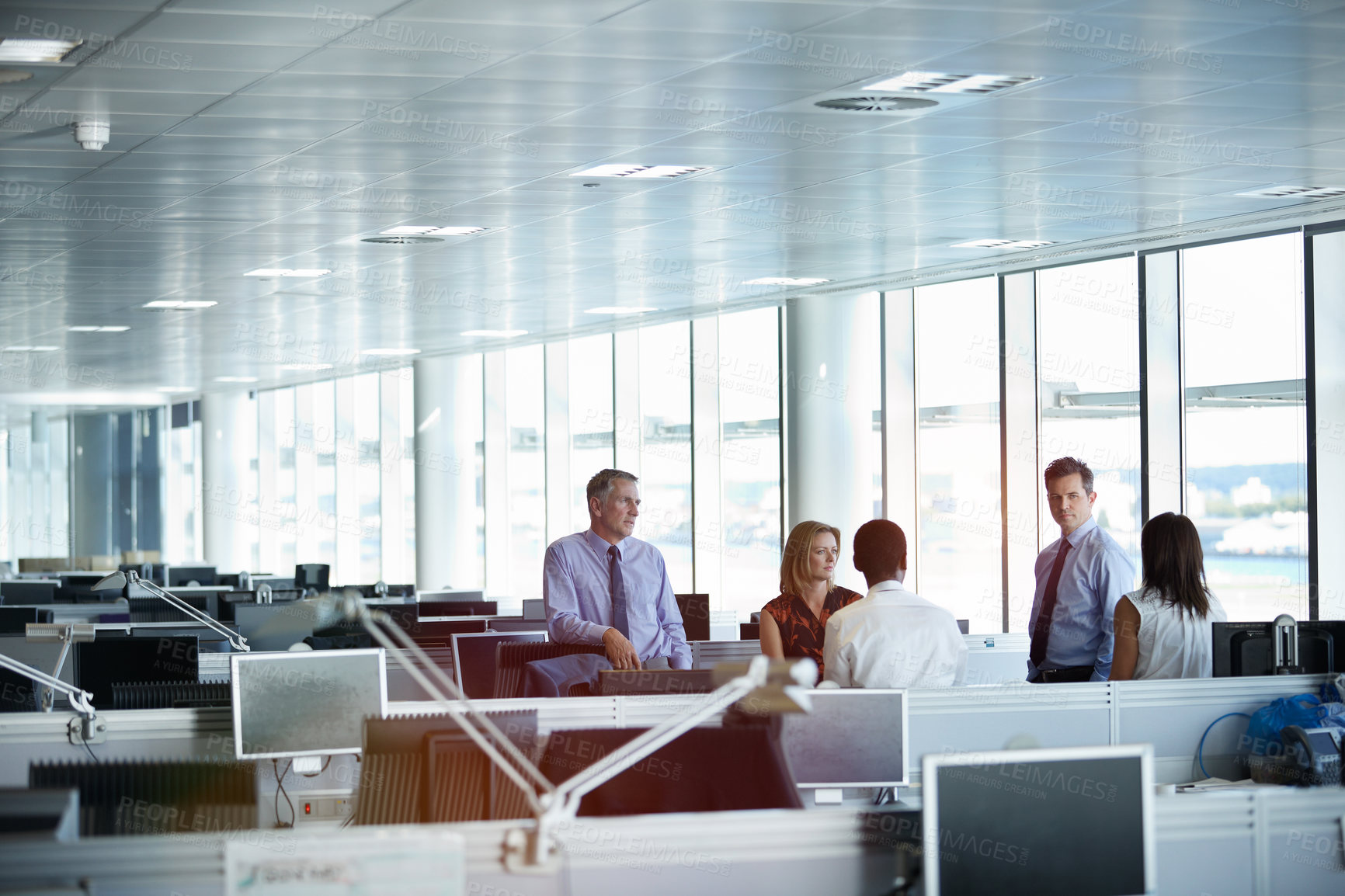 Buy stock photo Business people, talk and listening to ideas in meeting, financial evaluation or plan for assignment. Coworking, team and mature colleagues with project, discussion and wealth management in office
