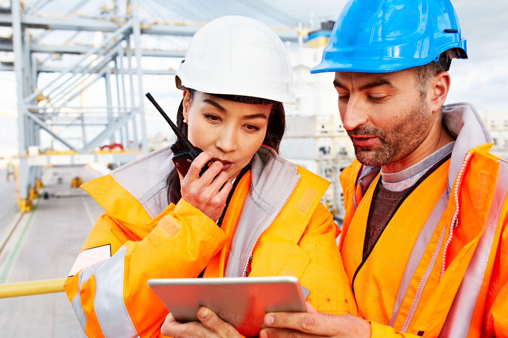 Buy stock photo Radio, tablet and team at shipping port, industrial capacity planning or quantity feedback. Tech, communication and mature people at logistics dock, talk or freight coordination with cargo log