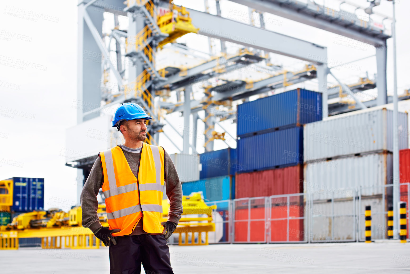 Buy stock photo Man, worker and freight with thinking on dock, service or international courier with helmet and vision. Male person, employee and professional mindset by shipping container, logistics port and export