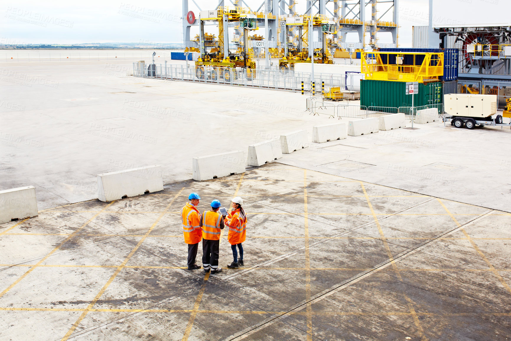 Buy stock photo Team, logistics and tablet at shipping port from above, schedule and conveyance with dock management. People, discussion and digital freight agenda for global supply chain and efficient transit