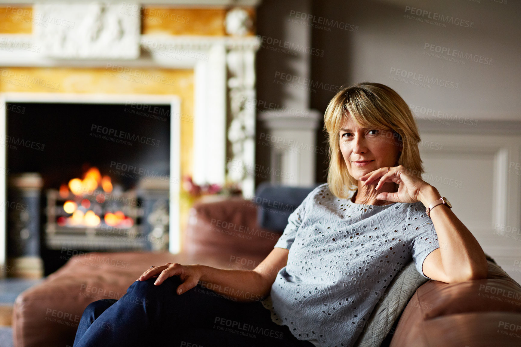 Buy stock photo Wellness, calm and woman on sofa with portrait, positive attitude and weekend break with unwind. Wellbeing, happy and mature person in house with confidence, good mood and satisfaction on day off.