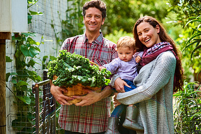 Buy stock photo Portrait of a couple with their baby girl standing in their organic garden