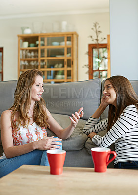 Buy stock photo Shot of two young friends sitting on the living room floor talking together