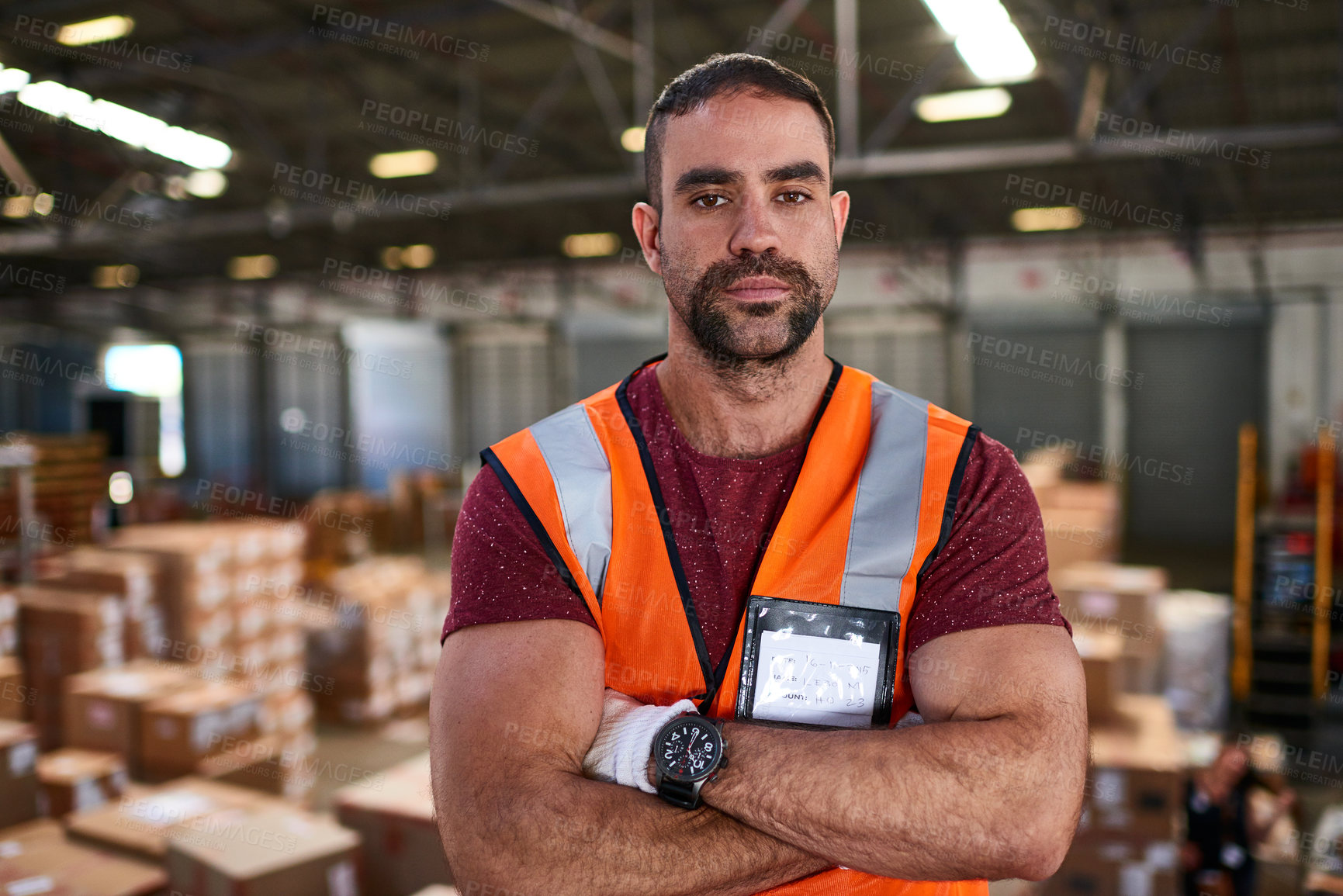Buy stock photo Crossed arms, man and portrait of logistics worker in warehouse with confidence for distribution career. Industry, serious and supply chain manager with pride for about us, delivery or shipping.