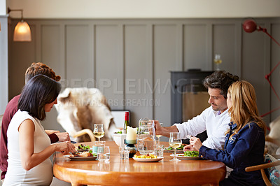 Buy stock photo Shot of a group of friends enjoying a home-cooked dinner together