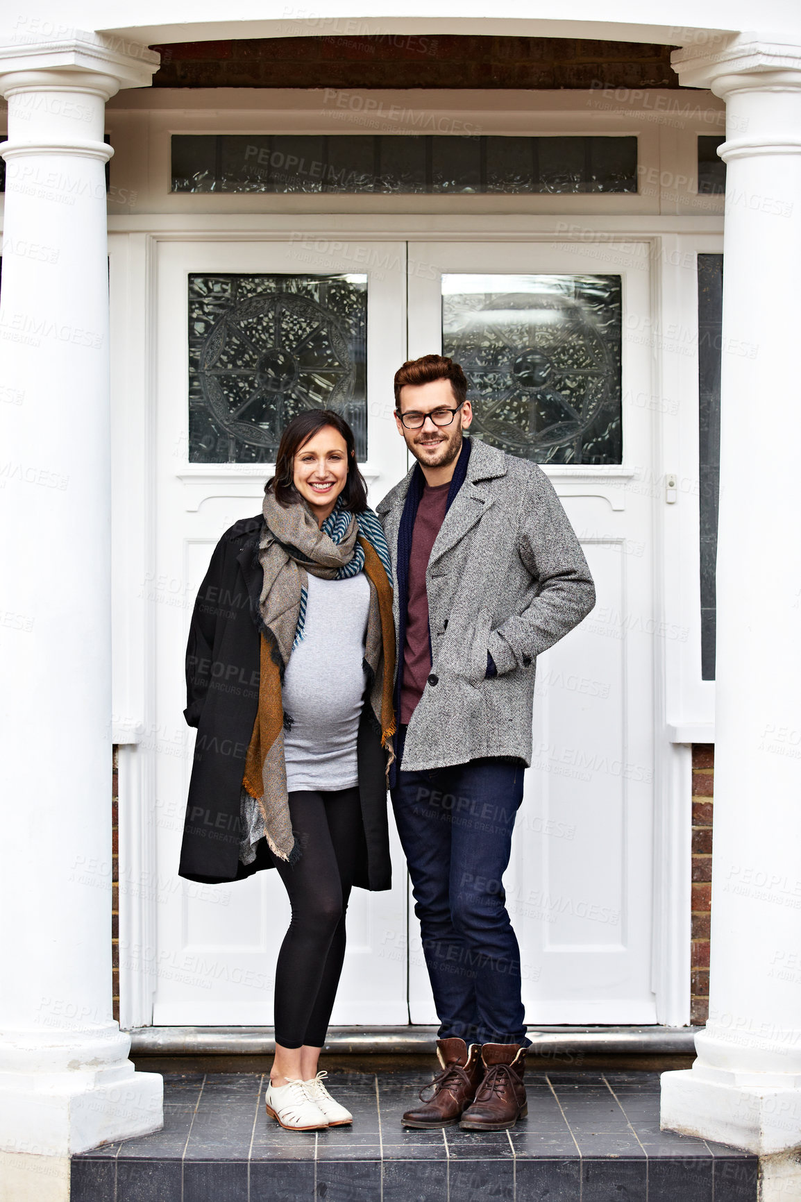 Buy stock photo Pregnancy, portrait or couple by house with smile, relationship support or excited for future. Pregnant woman, husband or happy at front door for due date, parenthood or maternity milestone with love