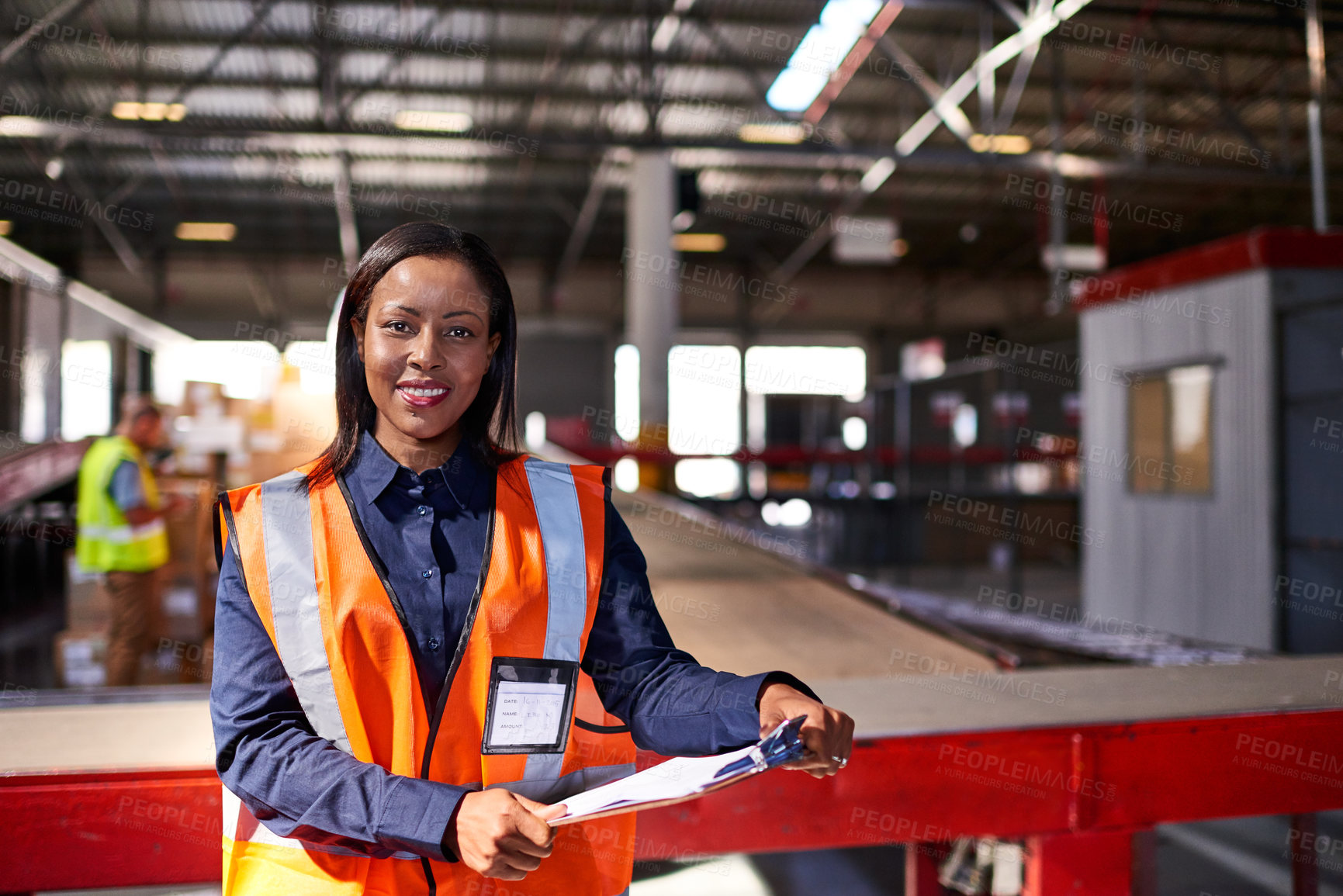 Buy stock photo Portrait, logistics or happy woman with checklist in warehouse for shipping or supply chain service. Female person, supplier or distributor with smile or clipboard for freight safety in storage depot