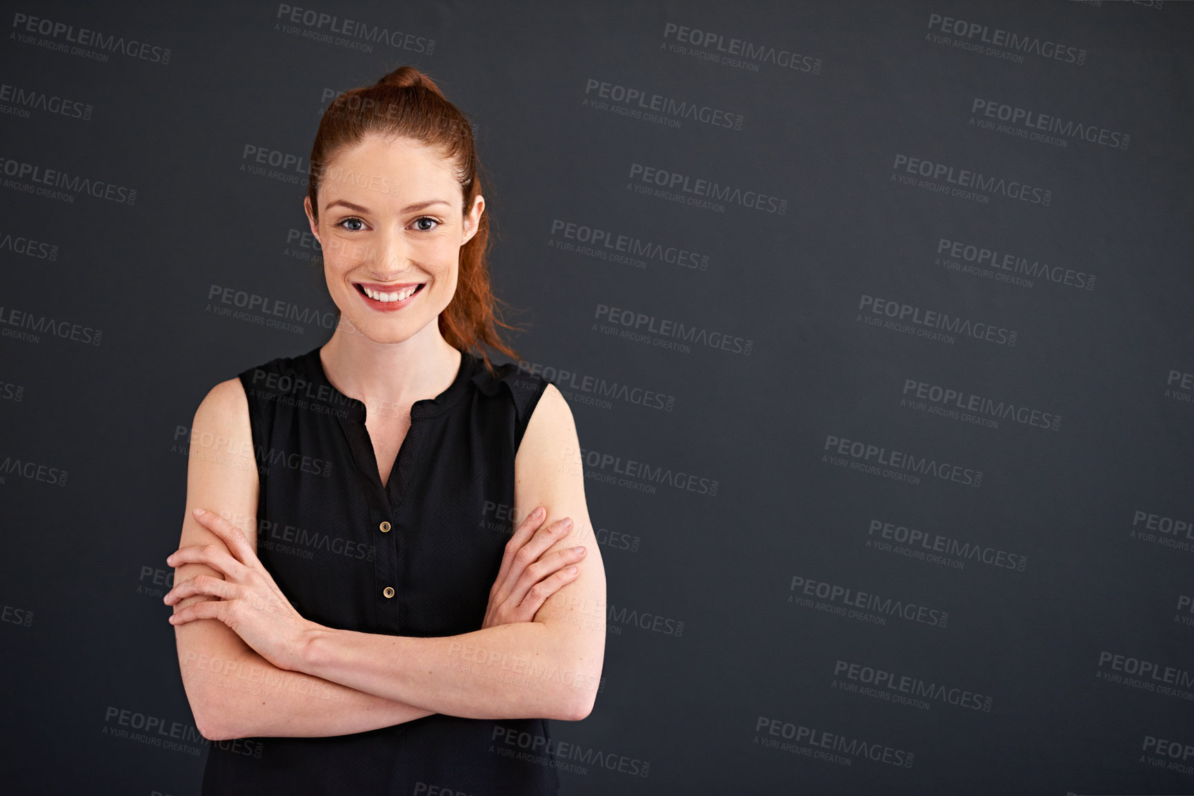 Buy stock photo Crossed arms, professional and portrait of businesswoman in studio with confidence for creative career. Smile, opportunity and magazine editor with pride for about us by black background by space.