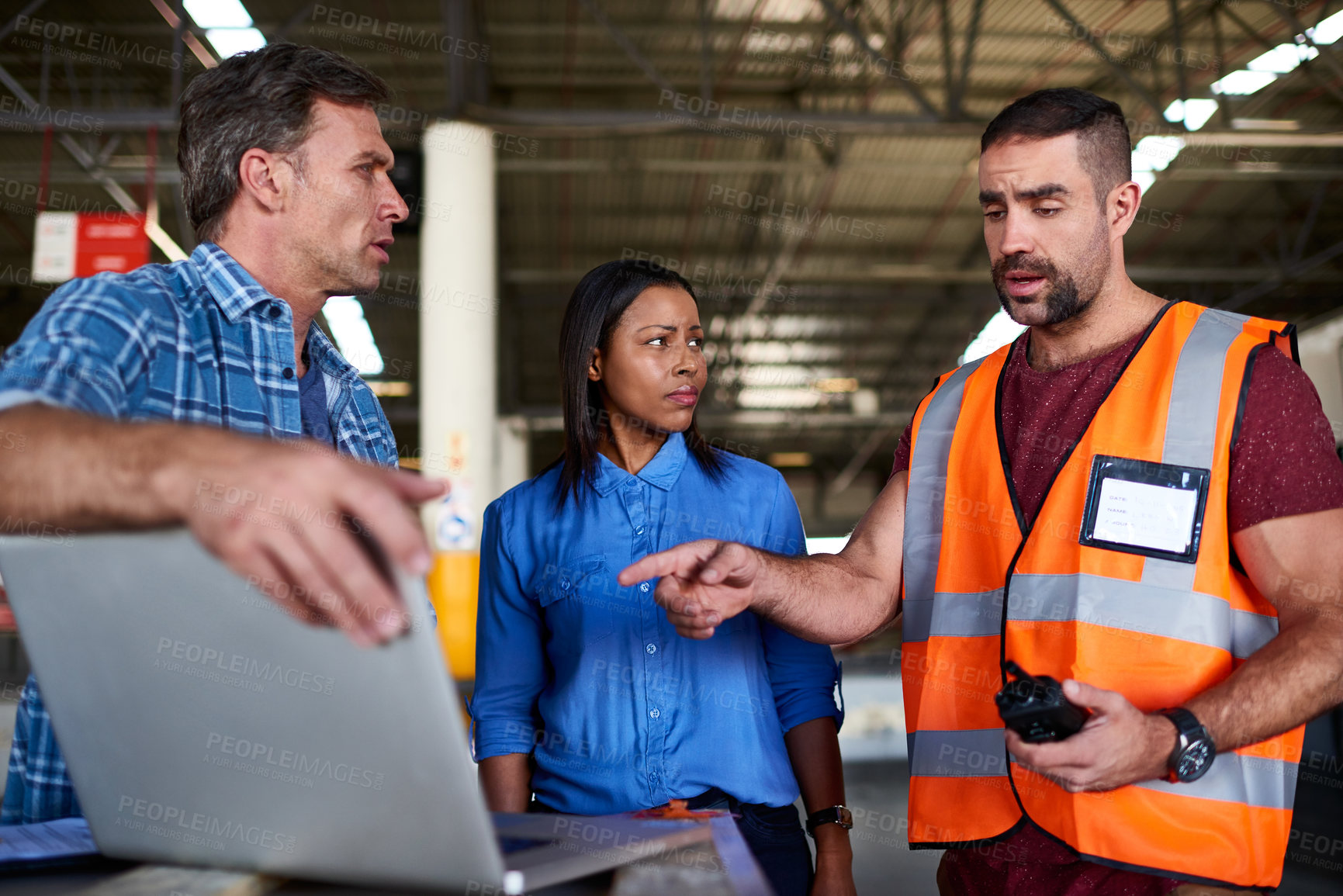 Buy stock photo Logistics, team or laptop in warehouse with radio, inventory management or discussion. Operations manager, people or tech for communication and safety information, distribution or export inspection