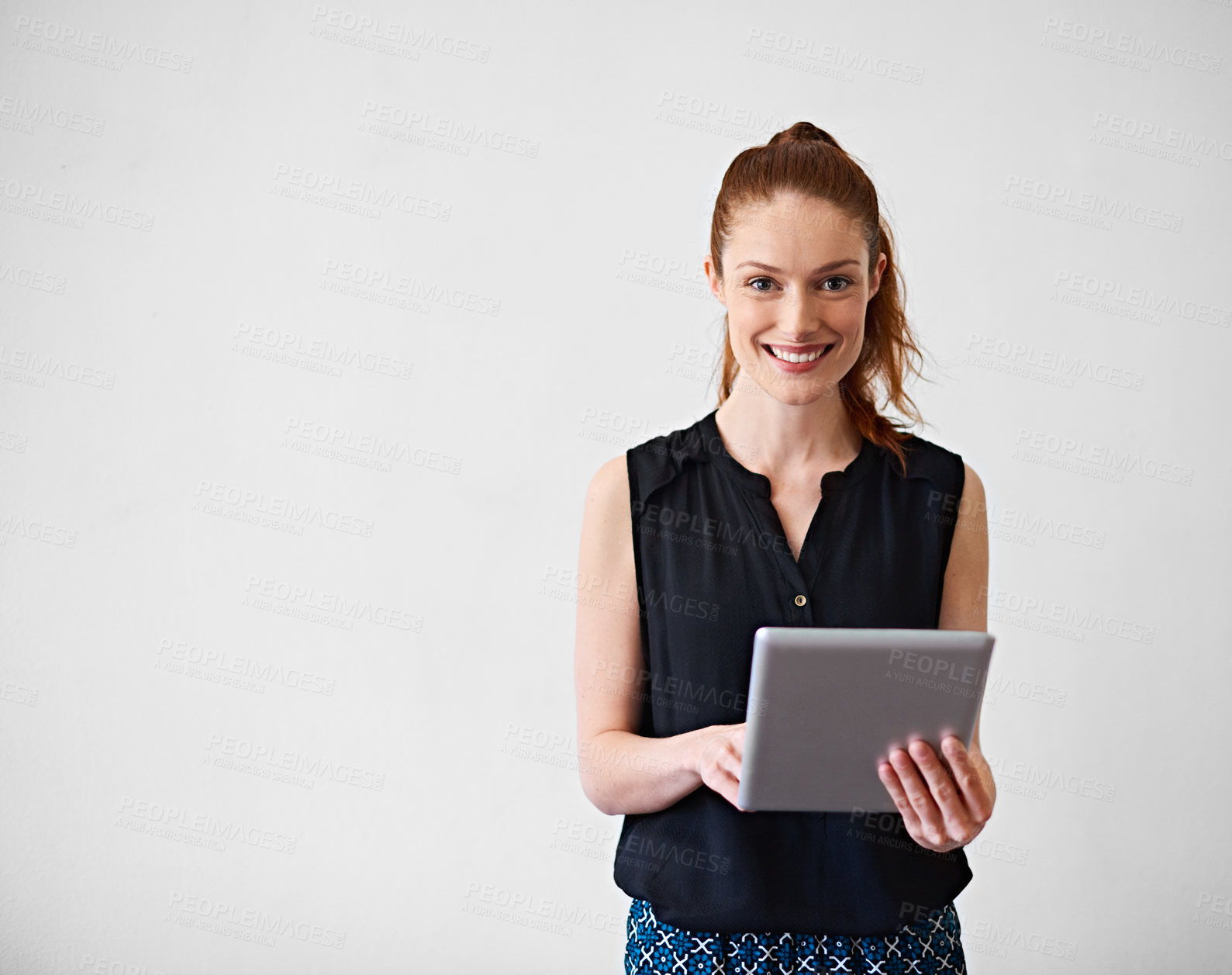 Buy stock photo Tablet, smile and portrait of businesswoman in studio by space with research for creative project. Happy, about us and magazine editor with tech for email feedback on article by white background.