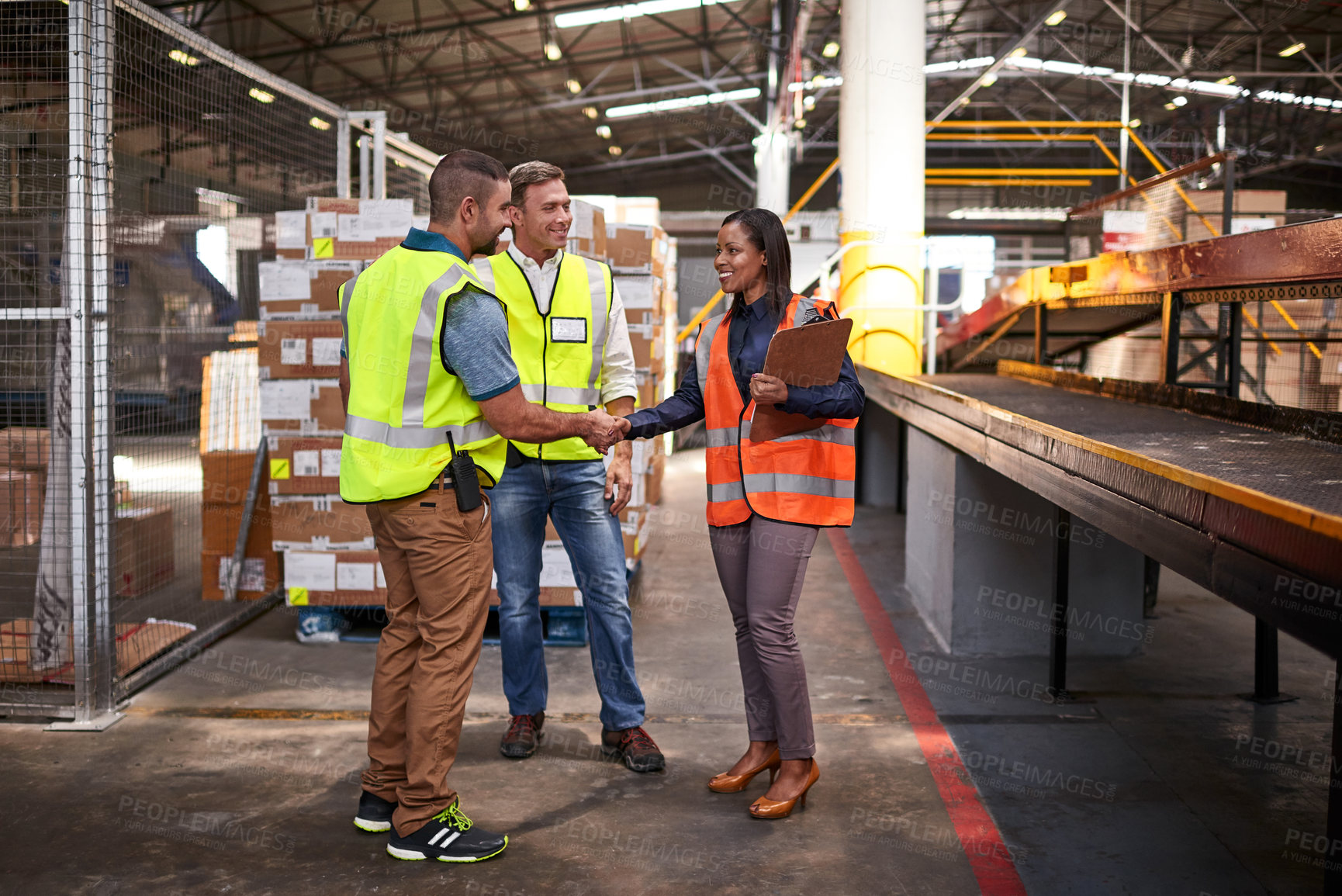 Buy stock photo Clipboard, handshake and people in warehouse for distribution, job or delivery information. Shaking hands, talking and supply chain team with checklist for planning inventory or shipping in factory.