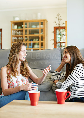 Buy stock photo Shot of two young friends sitting on the living room floor talking together