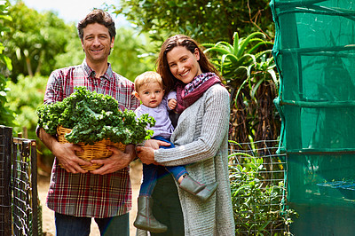 Buy stock photo Portrait of a couple with their baby girl standing in their organic garden