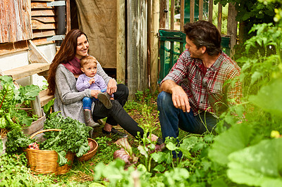 Buy stock photo Shot of a happy couple and their baby girl sitting in their organic garden