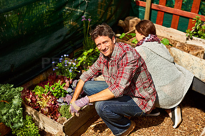 Buy stock photo Portrait of a man and his wife working together in their organic garden