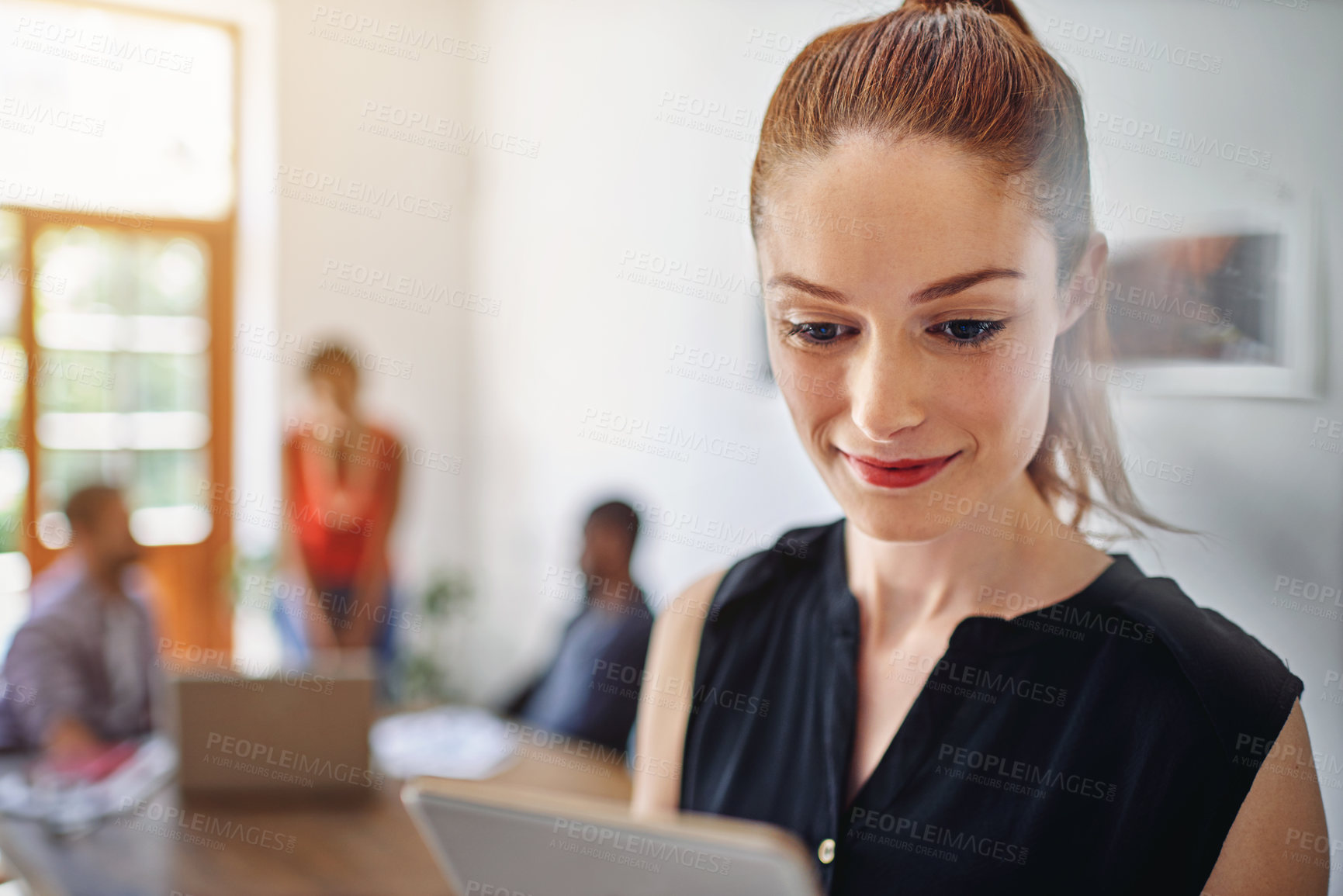 Buy stock photo Marketing, team or woman in office with tablet, ad feedback or audience insight in web review. Meeting, smile or brand specialist with tech, campaign result or creative research for business identity
