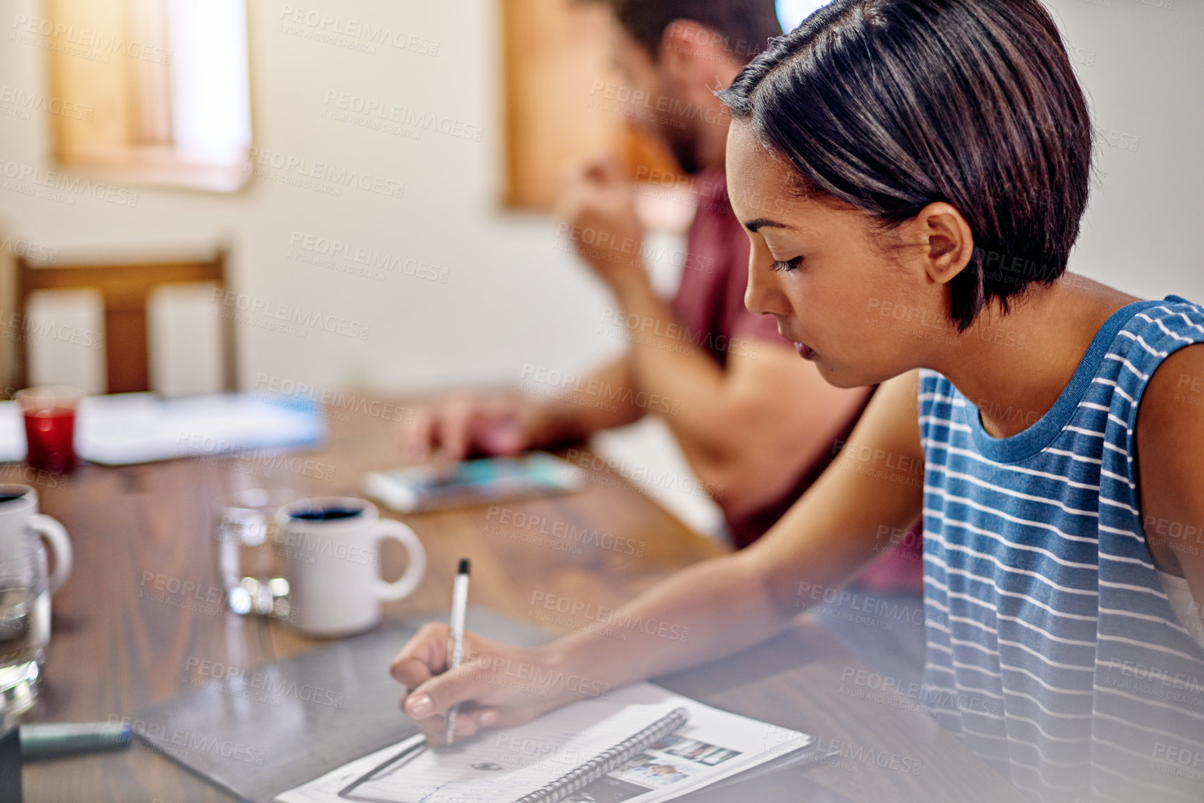 Buy stock photo Woman, designer and writing with book in office for creative development or project planning. Female person, meeting or taking notes with notebook for schedule reminder, ideas or tasks in workplace