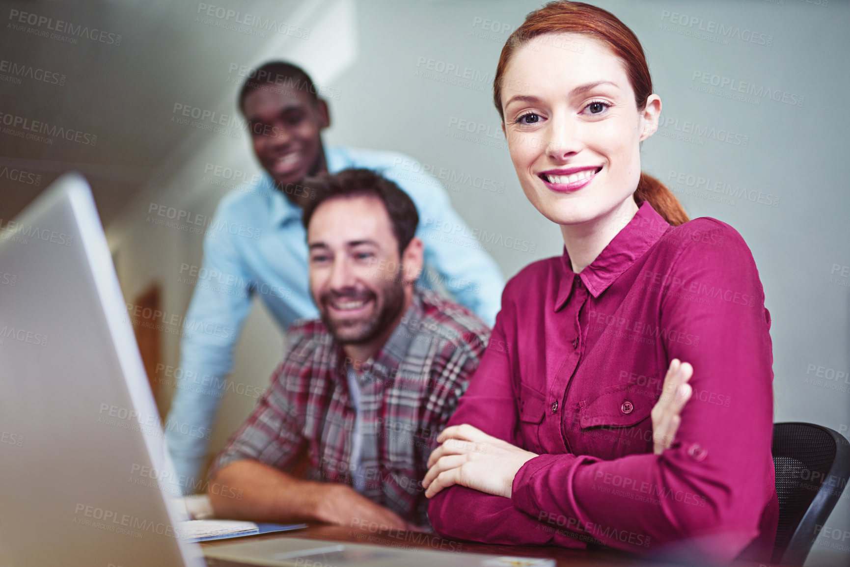 Buy stock photo Portrait, confidence and woman with team in office for business, creative job or graphic design. Happy person, startup or employee in meeting with layout artist, manager and arms crossed with laptop