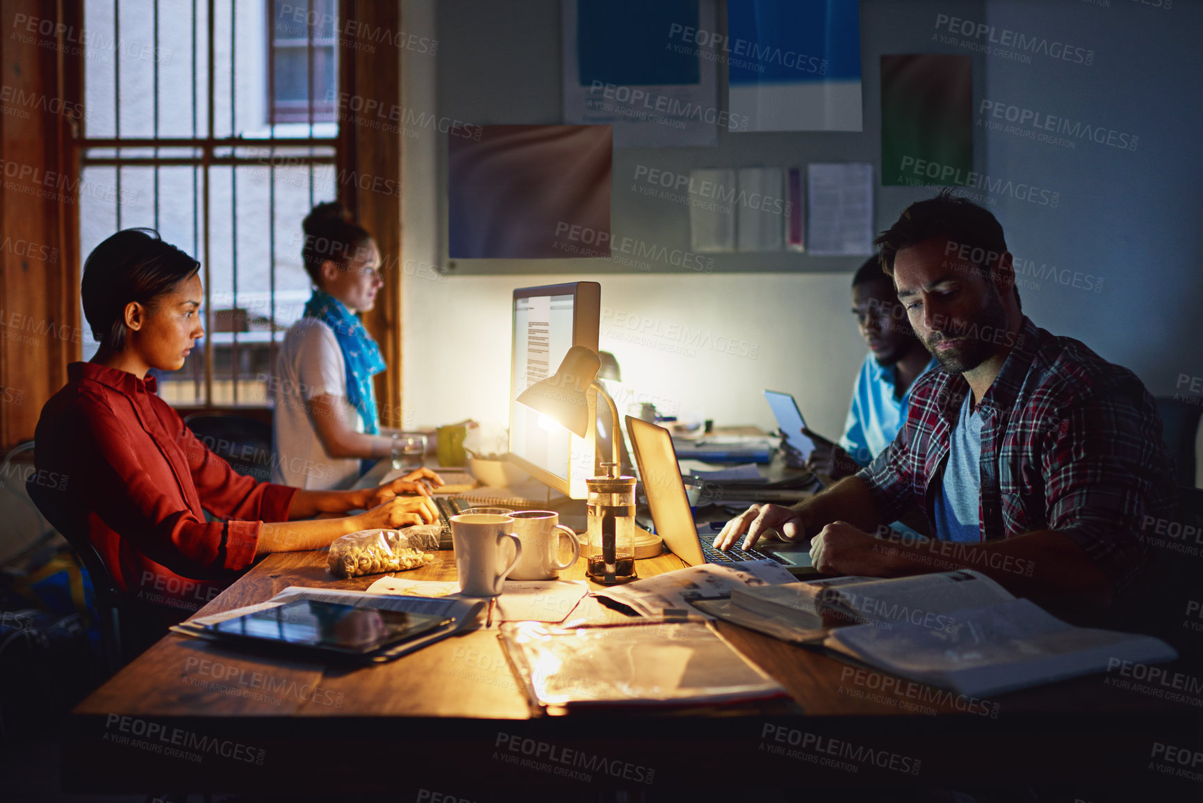 Buy stock photo Creative, coworking and people in evening with laptop, notes and planning for newsletter deadline. Journalism, office and workers on tech for research, online article and copywriting for digital blog