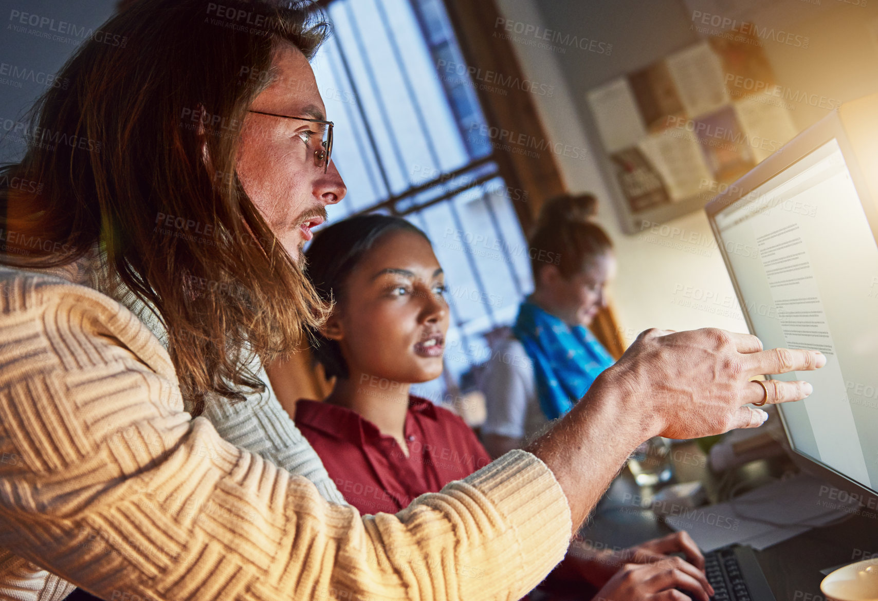 Buy stock photo People, team and computer in office for training, project planning and guidance for business. Mentor, trainee and tech in agency for article editing, creative process and teaching for development