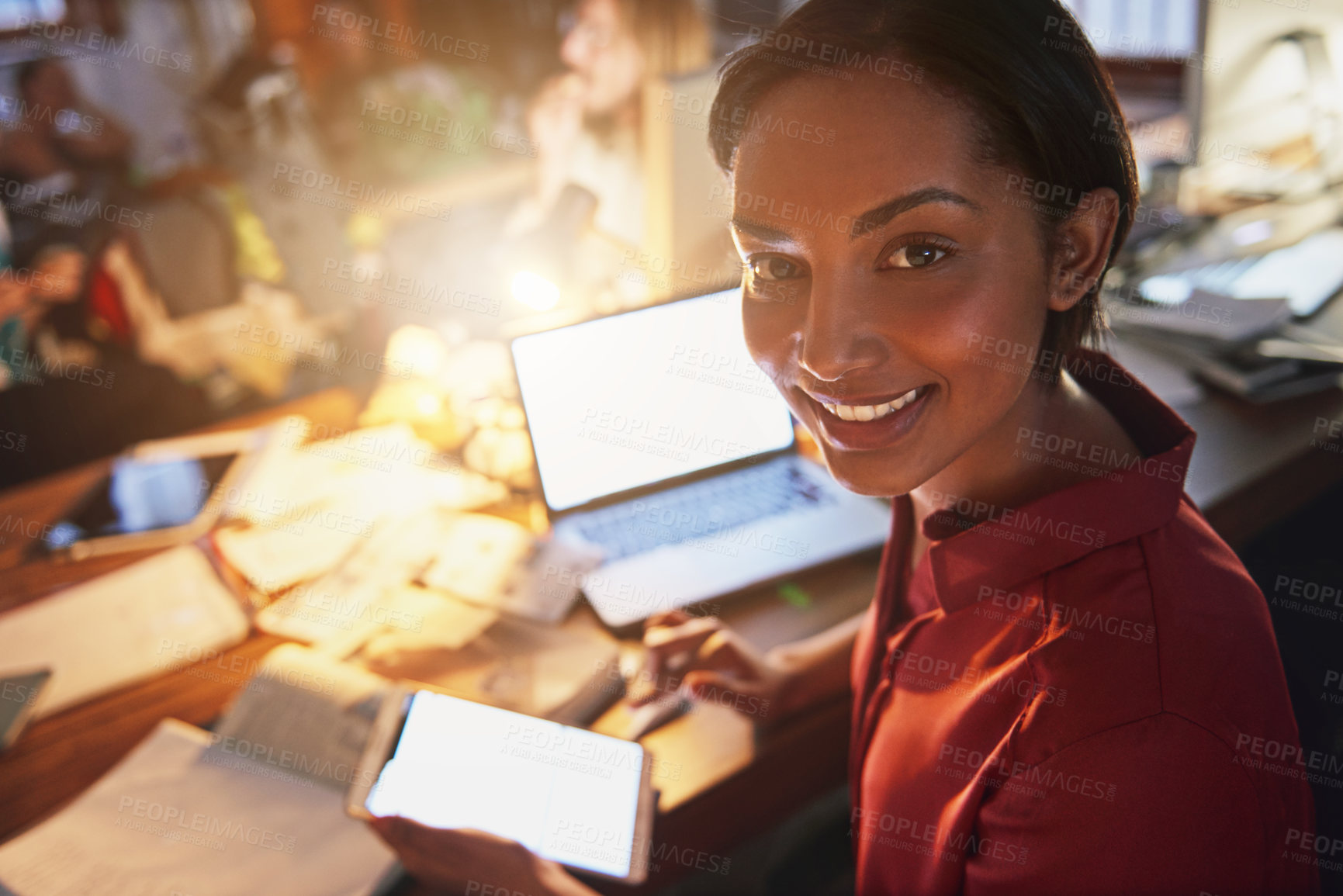 Buy stock photo Woman, portrait and smile with tech for business research, website and editing article at night in office. Creative, editor and coworking with screen for online, happy and copywriting in workspace