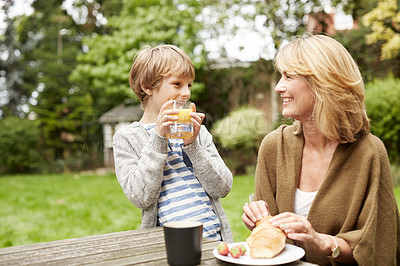 Buy stock photo Shot of a grandmother and her grandson have lunch at a table in her yard