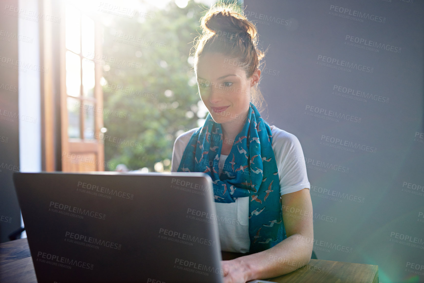 Buy stock photo Laptop, typing and happy woman in home office for remote work, fashion magazine editor and review. Smile, freelancer and creative person with computer for article, style publication and open door
