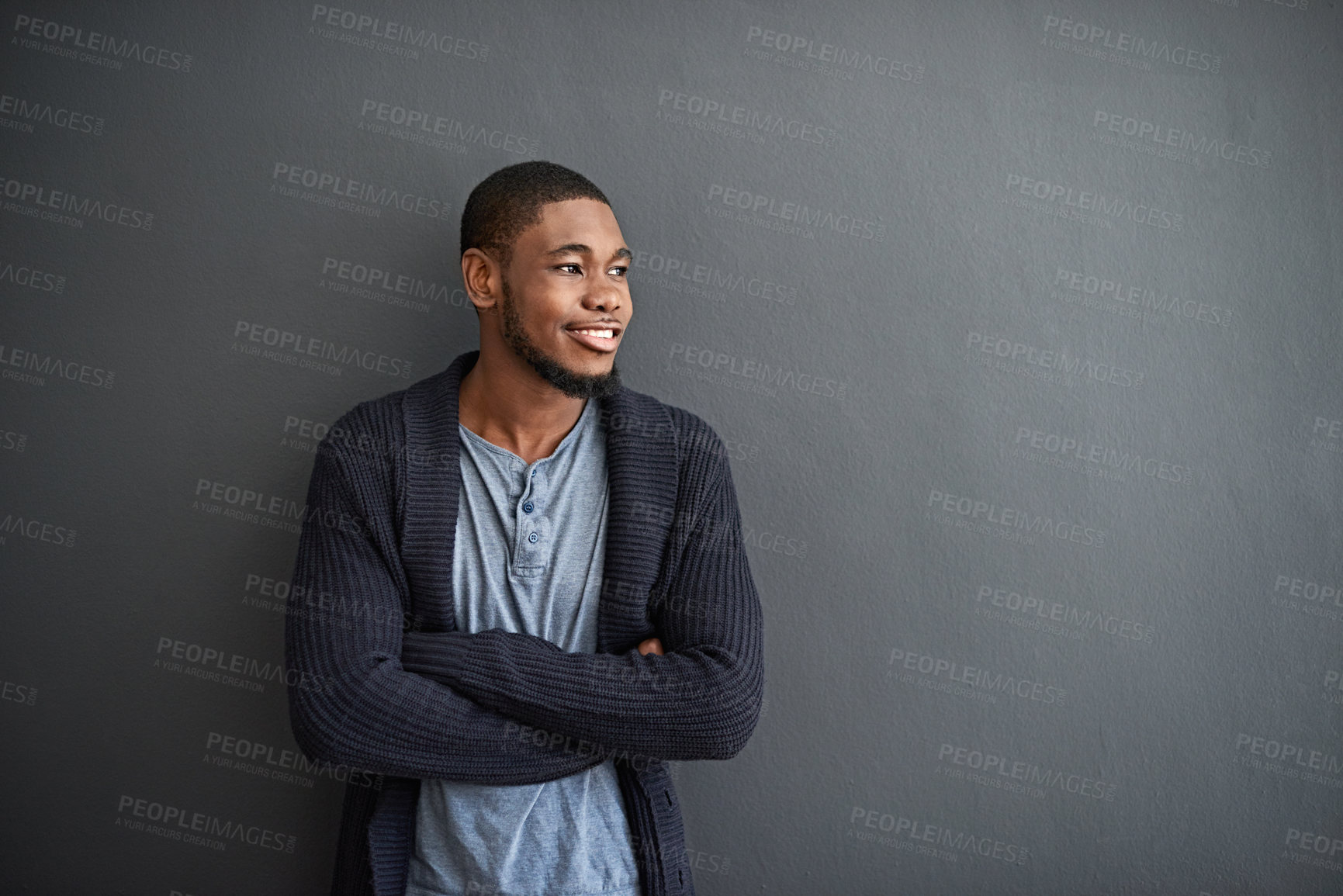 Buy stock photo Thinking, man and arms crossed in studio with smile for inspiration, marketing idea and mockup space. Happy, black person and creative confidence, advertising vision and business on gray background